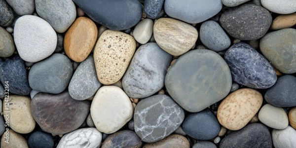 Fototapeta Natural river stone background with smooth, rounded pebbles in shades of gray, beige, and brown, polished by water over time.