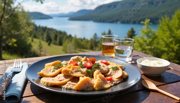 Fototapeta A traditional Swedish surströmming meal served with boiled potatoes, rye bread, and sour cream, enjoyed against a scenic outdoor backdrop.