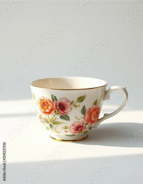 Fototapeta Beautiful floral tea cup on a bright surface with natural light illuminating its delicate details and design