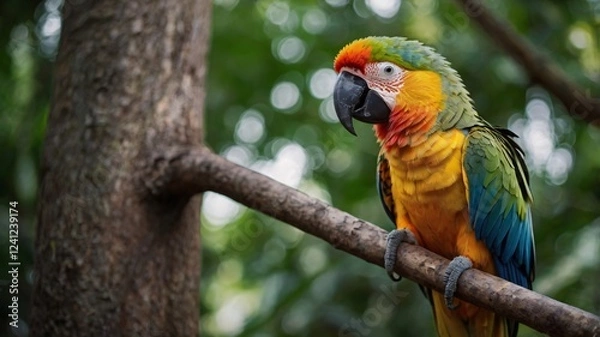 Obraz Colorful Parrot, Colorful macaws perched on branch in tropical setting, Close-up picture of cute colorful macaw on tree branch in forest background