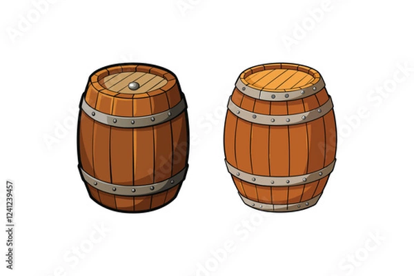 Obraz Set of Wooden Barrel Vector Illustration on White Background

