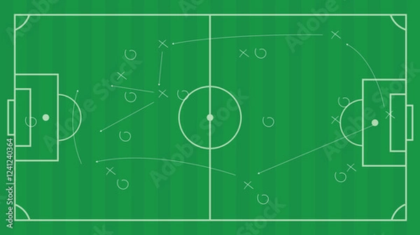 Obraz Background of soccer team formation and tactic drawing on the green football chalkboard board. Soccer playbook to win the championship.