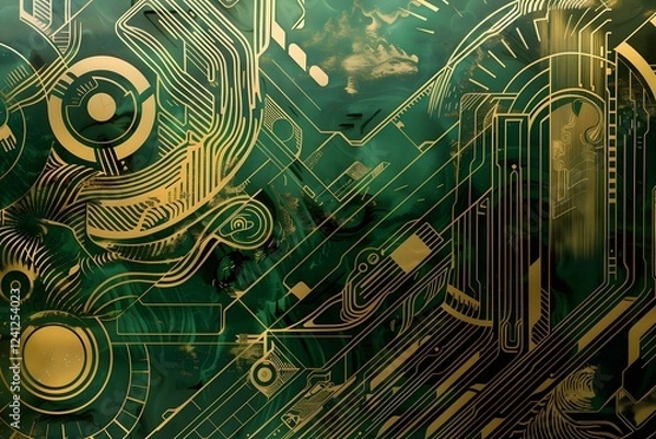 Obraz Illustration of A bold and trendy gradient of metallic gold transitioning to deep emerald green, featuring abstract, futuristic designs and intricate patterns. Ai Generate.
