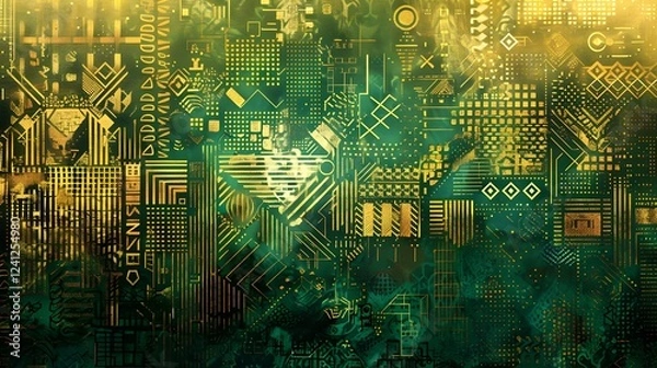 Obraz Illustration of A bold and trendy gradient of metallic gold transitioning to deep emerald green, featuring abstract, futuristic designs and intricate patterns. Ai Generate.
