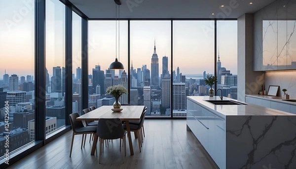 Fototapeta A modern kitchen with a minimalist dining space and a large window offering an expansive view of the urban skyline.