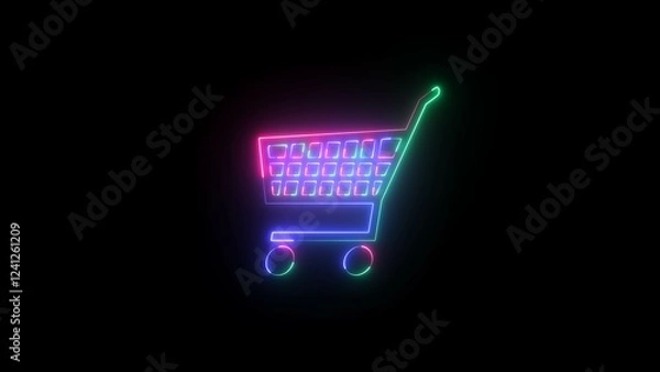 Fototapeta Neon shopping cart icon, colorful glowing supermarket trolley moving animation. Neon icon animation on black background.