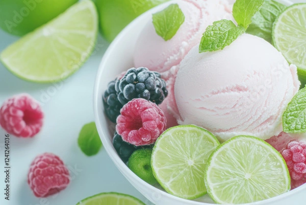 Fototapeta Refreshing lime and berry ice cream with raspberries and mint leaves in a white bowl, summer dessert concept