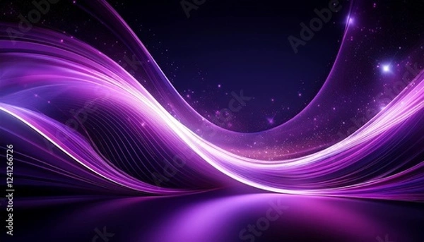 Fototapeta dynamic purple light streaks forming a wave pattern against a dark background, sparkling particles resembling stars