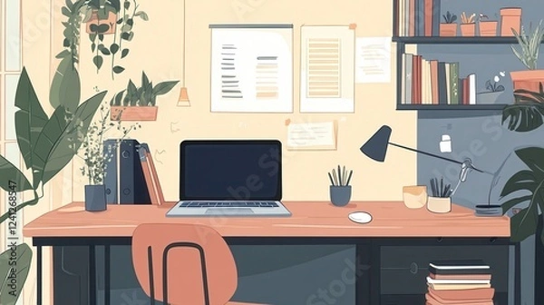 Fototapeta Relaxed remote work setup at home, featuring a cozy workspace, natural light, and a laptop on a wooden desk, peaceful and organized