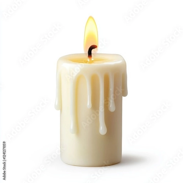 Fototapeta Lit white candle with warm glowing flame and melted wax drips isolated on white background symbol of tranquility and focus 