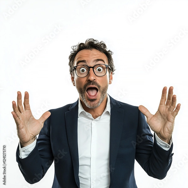 Fototapeta Surprised businessman in suit with open mouth and hands up, expressing shock, amazement, or disbelief