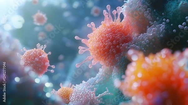 Obraz Colorful spheres of different sizes representing microscopic cells in a laboratory setting