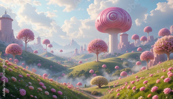 Fototapeta A dreamy, fantasy landscape filled with candy-shaped hills, towering pink lollipop trees, and a soft cloudy sky, creating a magical world.
