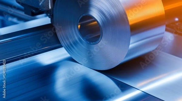 Fototapeta Close-up of a metallic roll being processed on an industrial machine, showcasing precision and technology