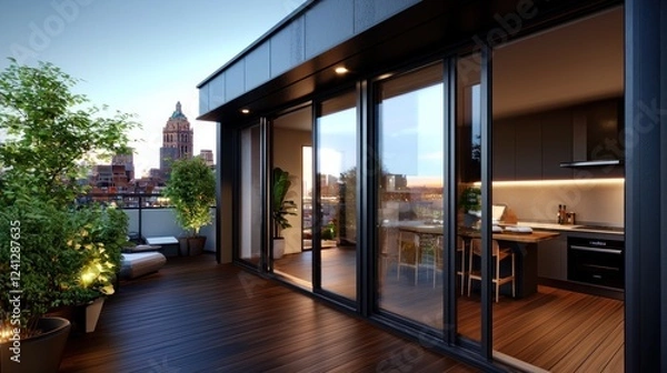 Fototapeta Modern urban apartment balcony at sunset with city skyline view, showcasing stylish decor and plants