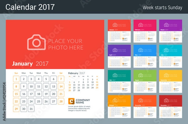 Fototapeta Calendar for 2017 Year. Week Starts Sunday. 2 Months on Page. Vector Design Print Template with Place for Photo and Company Logo