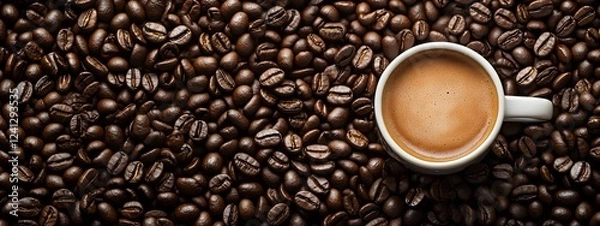 Fototapeta A cup of coffee sits atop a large pile of whole coffee beans
