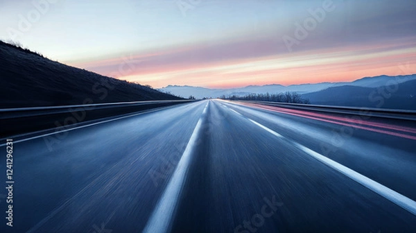 Fototapeta A Highway Stretching into the Misty Mountains at Sunrise showing motion blur speed