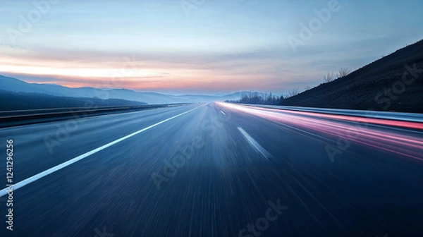 Fototapeta A Highway Stretching into the Misty Mountains at Sunrise showing motion blue speed