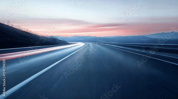 Fototapeta A Highway Stretching into the Misty Mountains at Sunrise showing motion blue speed