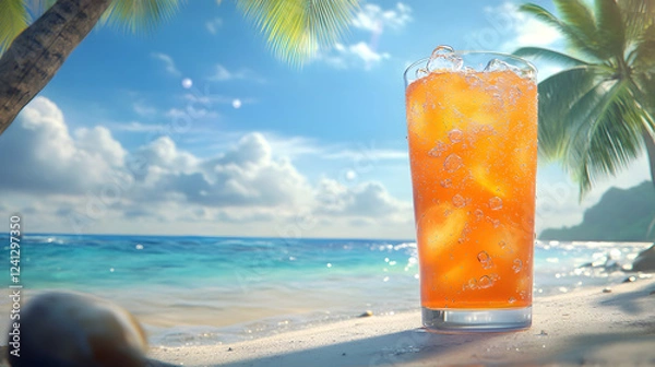 Obraz A tall glass of orange soda with bubbles rising, set against a tropical beach backdrop.