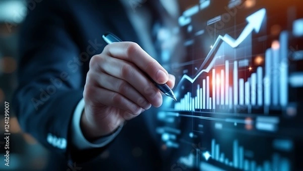 Fototapeta Businessman illustrates growth graph and analyzes financial data for strategic business planning and investment progress on a blue background