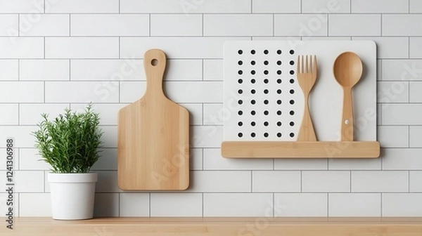Fototapeta Creative pegboard wall storage in a small kitchen, maximizing functionality while maintaining aesthetics