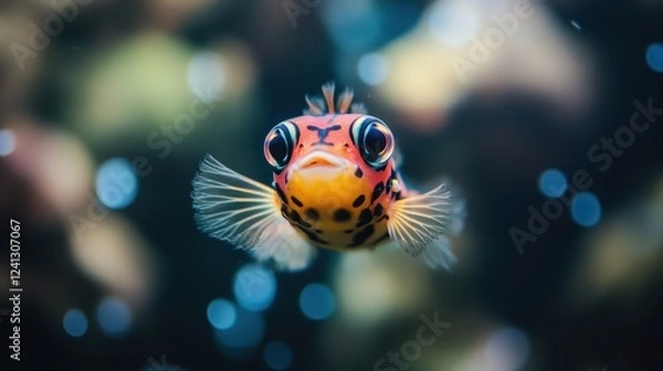 Fototapeta Colorful Fish Swimming in Clear Water with Bubbles in Background