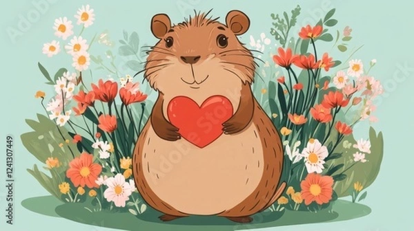 Obraz Cute cartoon guinea pig holding a heart among colorful flowers in a whimsical garden setting