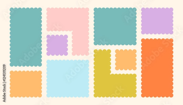 Fototapeta Frames Scalloped Vector Corrugated Bento Grid Shapes Set. Scallop Frame Wavy Retro Stickers Collection. Zig Zag Edge Geometric Borders Tag Boxes. Wiggle Line Design Sign Background. Isolated