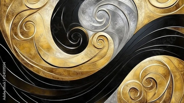 Fototapeta Intricate swirl patterns in gold, silver, and black showcase elegant design features in contemporary artwork