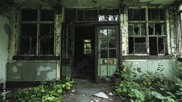 Obraz AI Generate An Abandoned Mansion With Shattered Windows And Overgrown Weeds Covering The Entrance