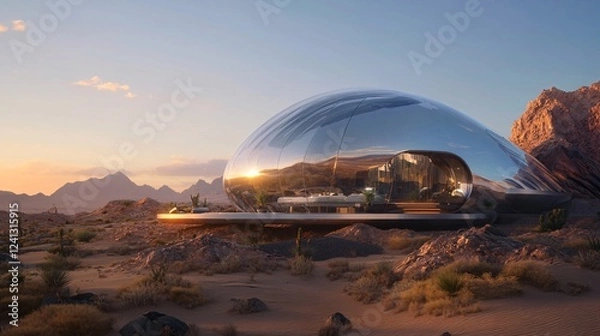 Obraz Futuristic self-sustaining desert home with reflective crystal walls, showcasing solar-powered systems, advanced propulsion tech, and oxygen recycling systems, transparent windows revealing sleek