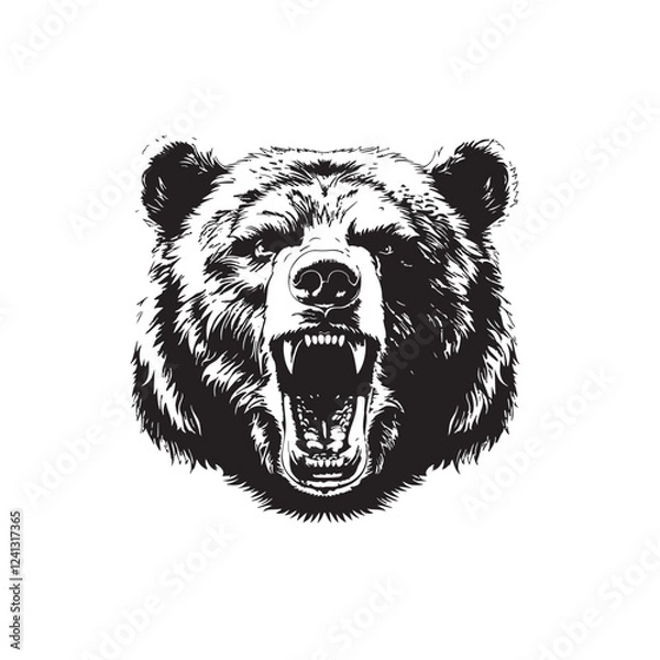 Obraz Detailed monochrome vector of a roaring bear head, fierce expression, sharp teeth, ideal for logos, mascots, prints, Easy editable layere.