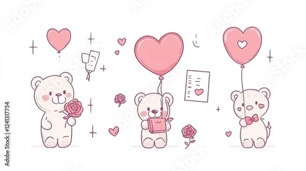 Fototapeta Icon Set of Teddy Bears with Valentine’s Day Themes, Teddy Day