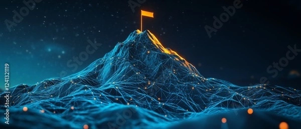 Obraz A digital mountain peak with glowing blue lines and an illuminated flag on top, symbolizing the goal of technological innovation in global network security for big data