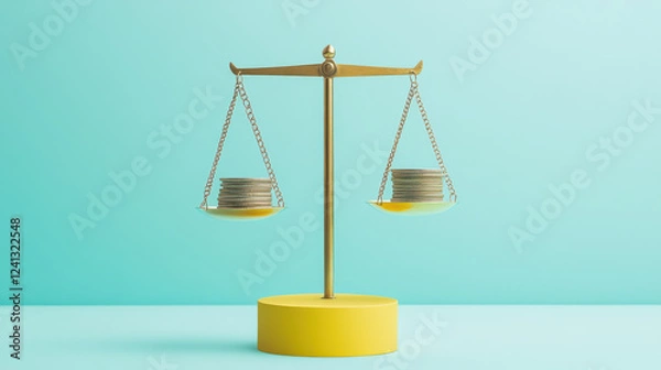 Fototapeta golden scale balances stacks of coins both sides, symbolizing financial equilibrium and economic stability. vibrant yellow base contrasts with serene turquoise background, creating visually