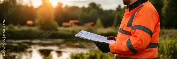 Obraz A worker in a bright orange safety jacket examines a clipboard near a serene water body during sunset, emphasizing safety and environmental observation.