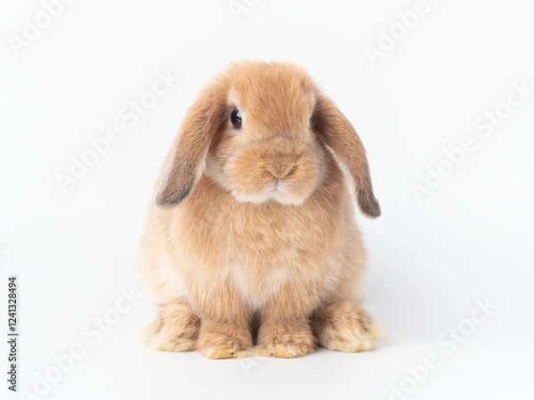 Fototapeta Orange baby holland lop rabbit sitting on white background. Font view of holland lop rabbit.