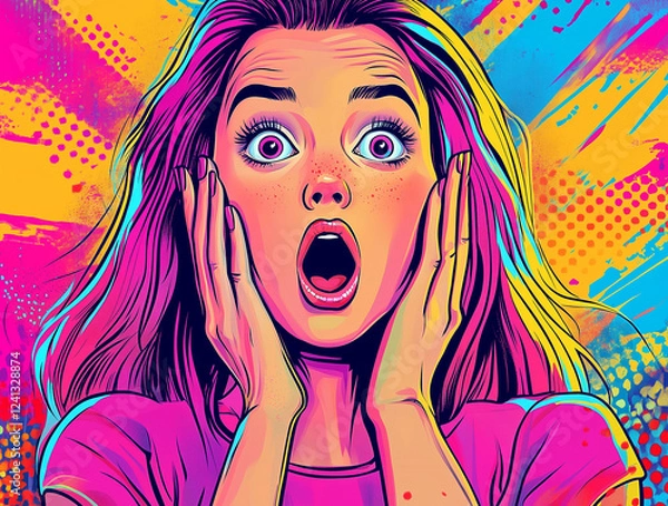 Fototapeta Surprised woman with open mouth and hands on cheeks, pop art style illustration with vibrant colors and bold lines, depicting shock, awe, amazement, and surprise against a colorful background