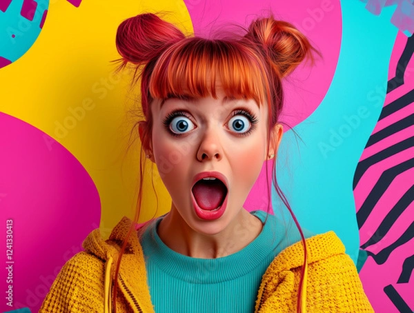 Obraz Surprised young woman with vibrant red hair and blue eyes against a colorful abstract background, expressing shock and astonishment, capturing a candid moment of surprise.