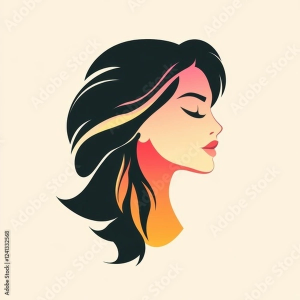 Fototapeta Bold female portrait with dark hair and warm gradient tones in a modern style.