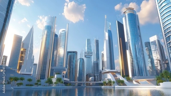 Fototapeta Concept of building a virtual city with holographic skycrapers. metaverse or augmented reality. 3d rendering. Holographic City. Illustration