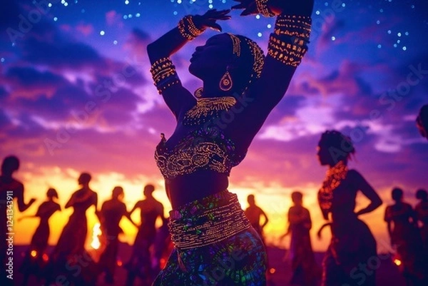 Fototapeta Silhouette of a dancer at sunset, adorned in vibrant, beaded attire.