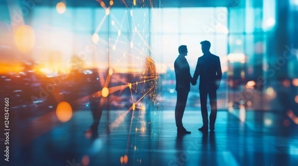 Obraz Two businessmen shaking hands in a modern office with a network graphic overlay.