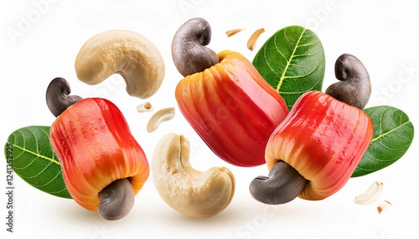 Obraz falling fresh cashew fruit with seeds and leaves isolated on white background