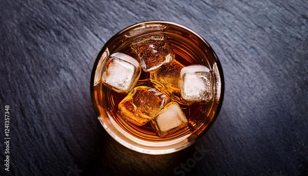Obraz whiskey with ice in glass from top