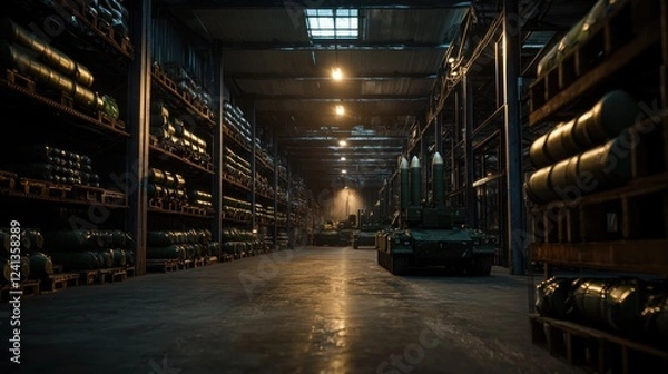Fototapeta Military storage facility filled with artillery shells and vehicles, illuminated by overhead lights