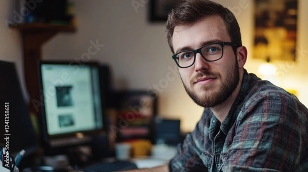 Fototapeta Young adult man with beard working from home in a cozy office environment, wearing glasses, with a computer and desk clutter, warm lighting.