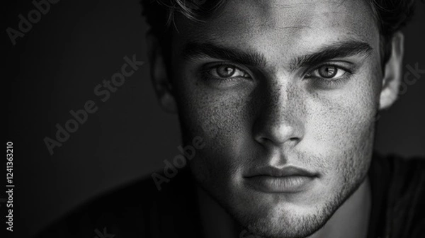 Fototapeta Captivating monochrome close-up portrait of a handsome young man with striking freckles and expressive eyes, set against a dark background.